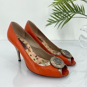 Kenzo Peep Toe Pumps Women 39 / 7.5 Orange Silver Leather Heel Slip On Shoes